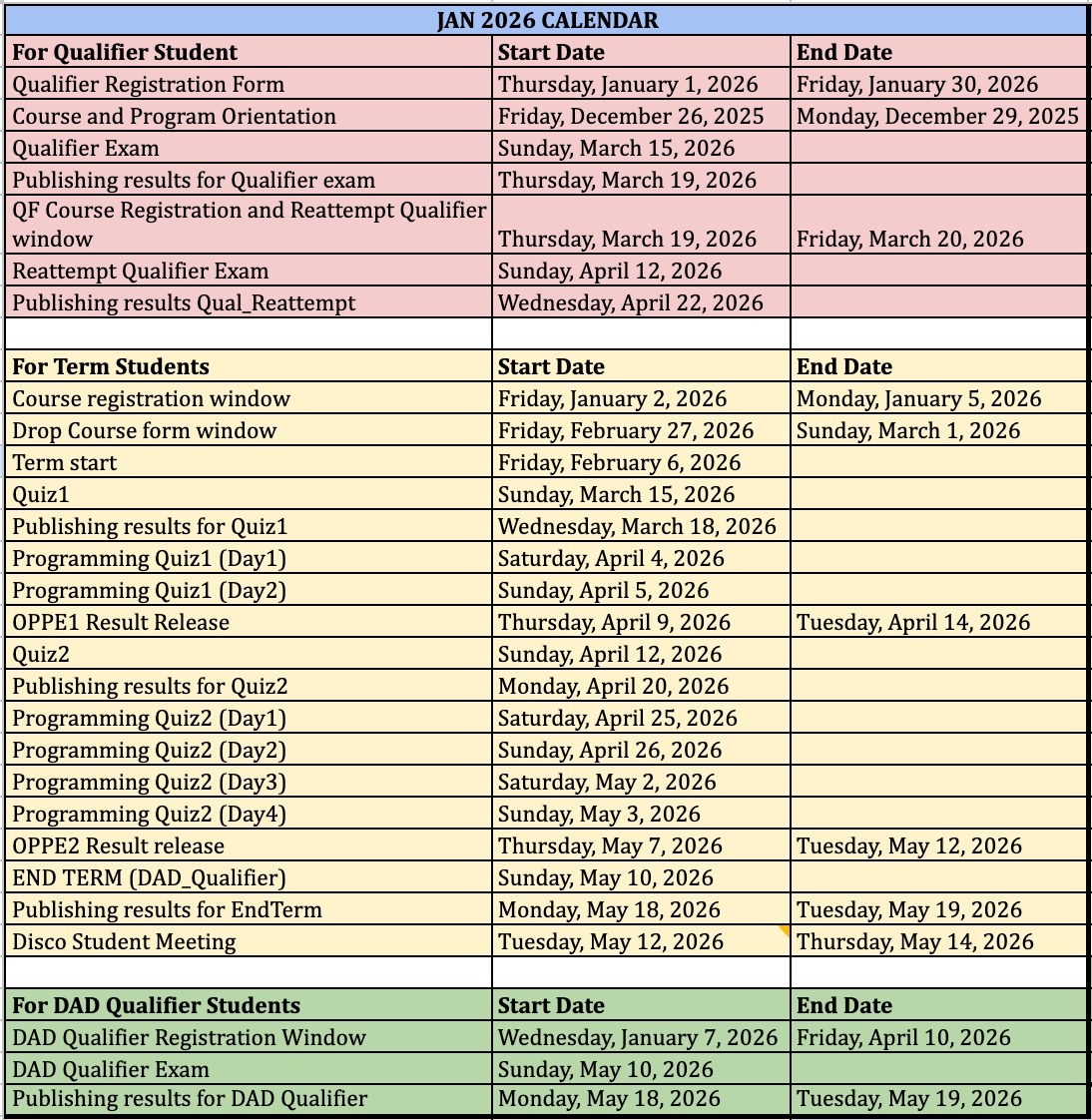January 2026 Term Calendar